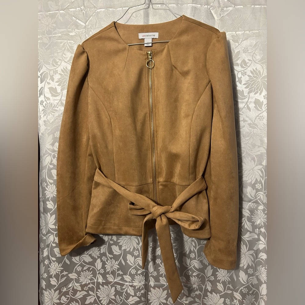 Liz Claiborne Camel Faux Suede Belted Jacket with Gold Zip.